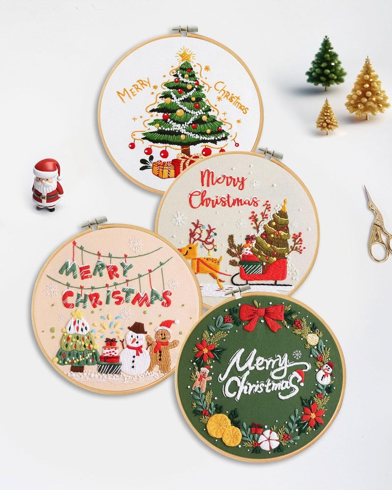 Santune 4 pcs Christmas Embroidery kit with Patterns Instructions Needlepoint Cross Stitch Kits for Beginners Adult,4 Embroidery,2 Hoops,Colored Threads Scissors and Needles,Merry Christmas - Image 2